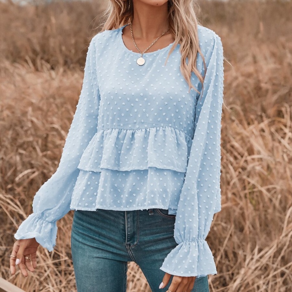 blue swiss dot ruffle babydoll long sleeve top - Picture 1 of 13